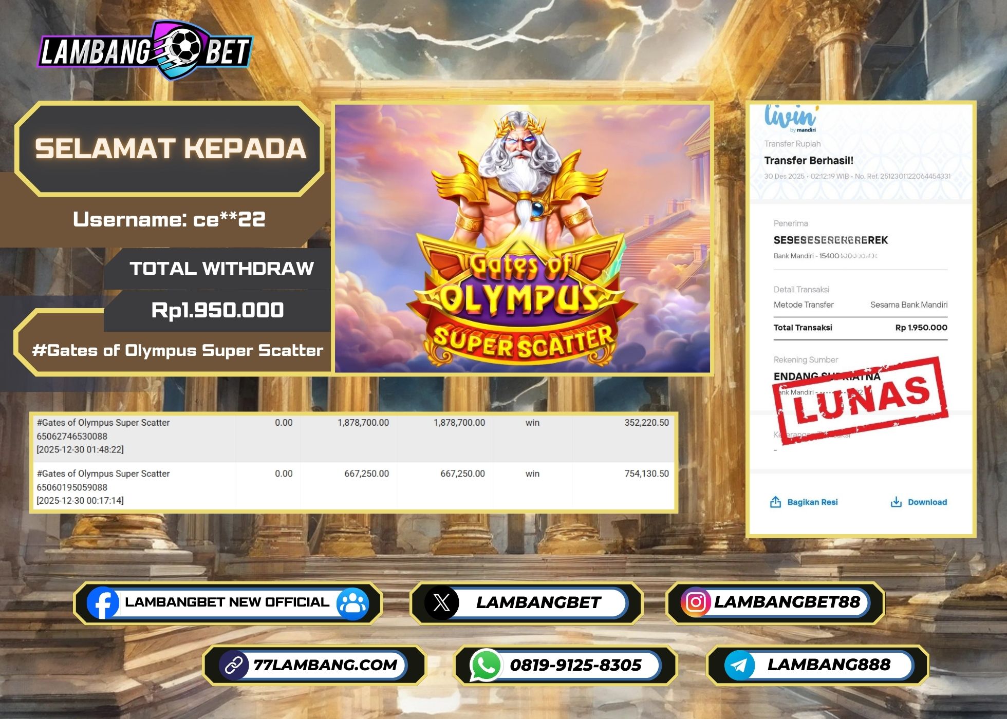 LAMBANGBET [30 DESEMBER 2025] JACKPOT SLOT Gates of Olympus Super Scatter "Rp1.950.000" LUNAS